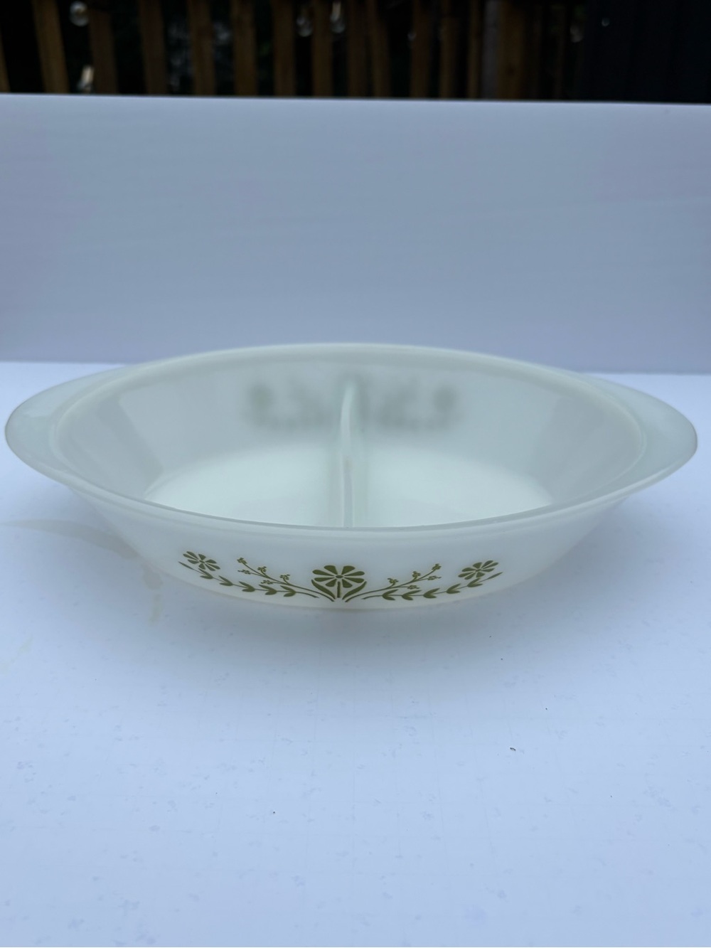 GLASBAKE #J-2352 Green Daisies Divided Casserole Baking Dish 12"